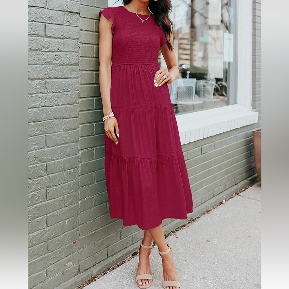 NWTCasual Flutter Short Sleeve Crew Neck Smocked Elastic Waist Tiered Midi Dress
